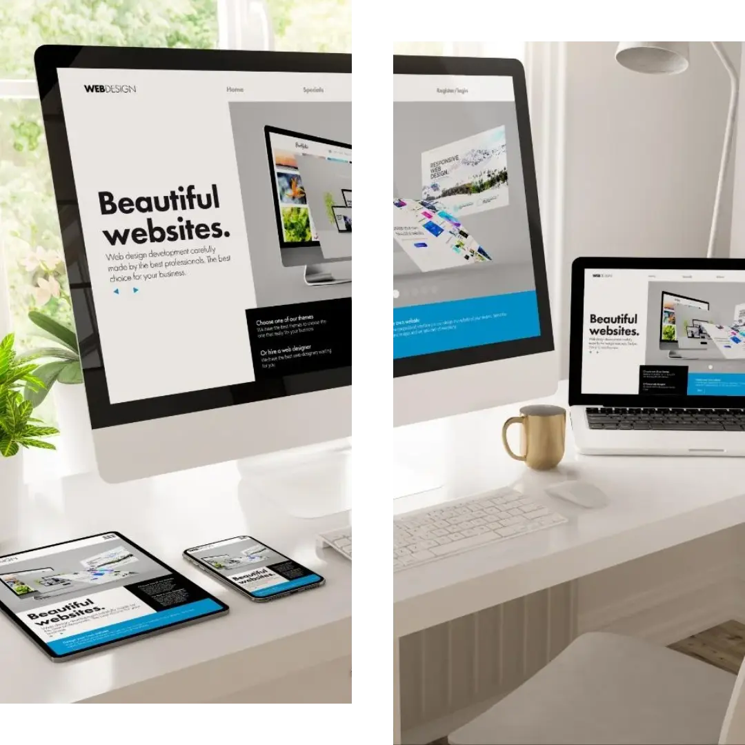 Computer, laptop, tablet, and mobile screens displaying a modern website design